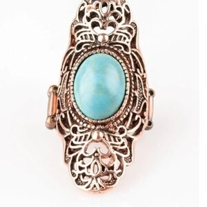 Ego Trippin Copper Paparazzi Turquoise Cabochon Filigree Ring in Rose Gold Tone